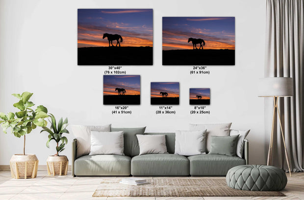 Twilight Sentinel - Wild Horse Silhouette Against Fiery Sunset - Western Ranch Wall Art
