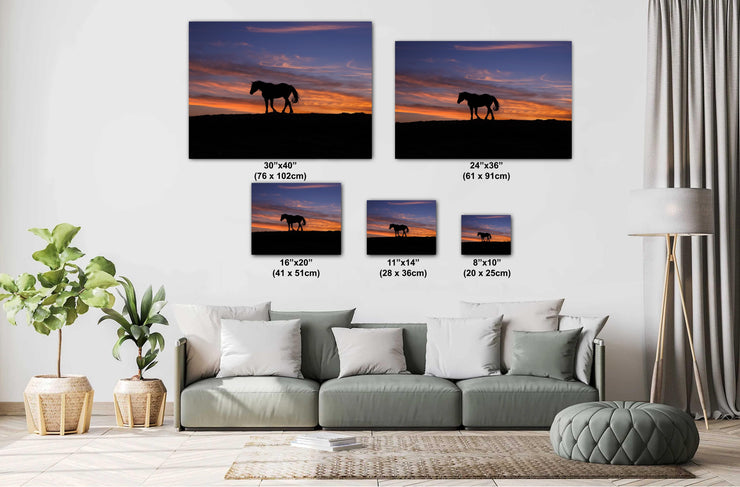 Twilight Sentinel - Wild Horse Silhouette Against Fiery Sunset - Western Ranch Wall Art