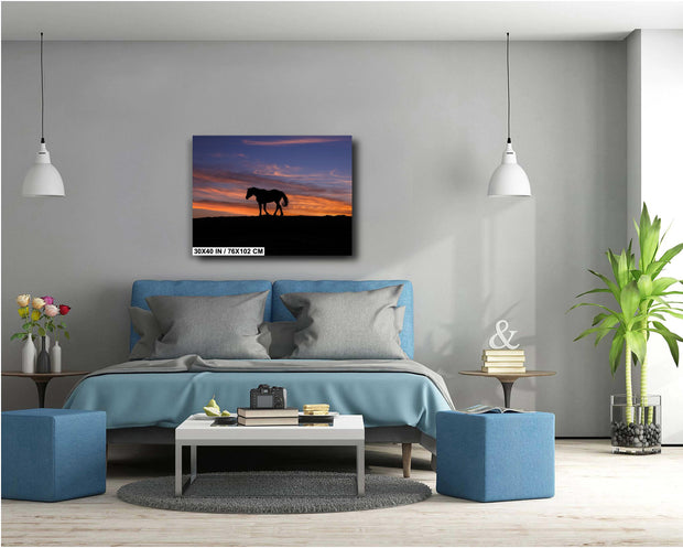 Twilight Sentinel - Wild Horse Silhouette Against Fiery Sunset - Western Ranch Wall Art