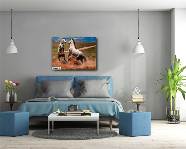 Dappled Mustangs Rising - Wild Horse Confrontation Art - Dramatic Western Landscape Photography
