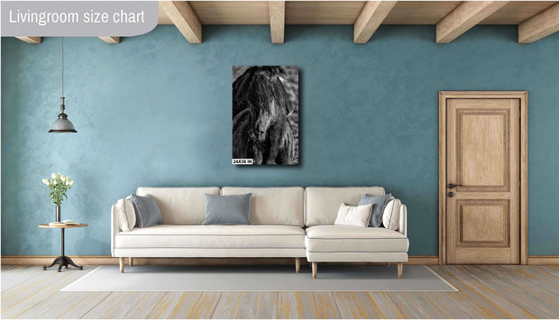 Mystic Gaze Horse Canvas Art - Black and White Equine Portrait - Tousled Mane Wall Decor